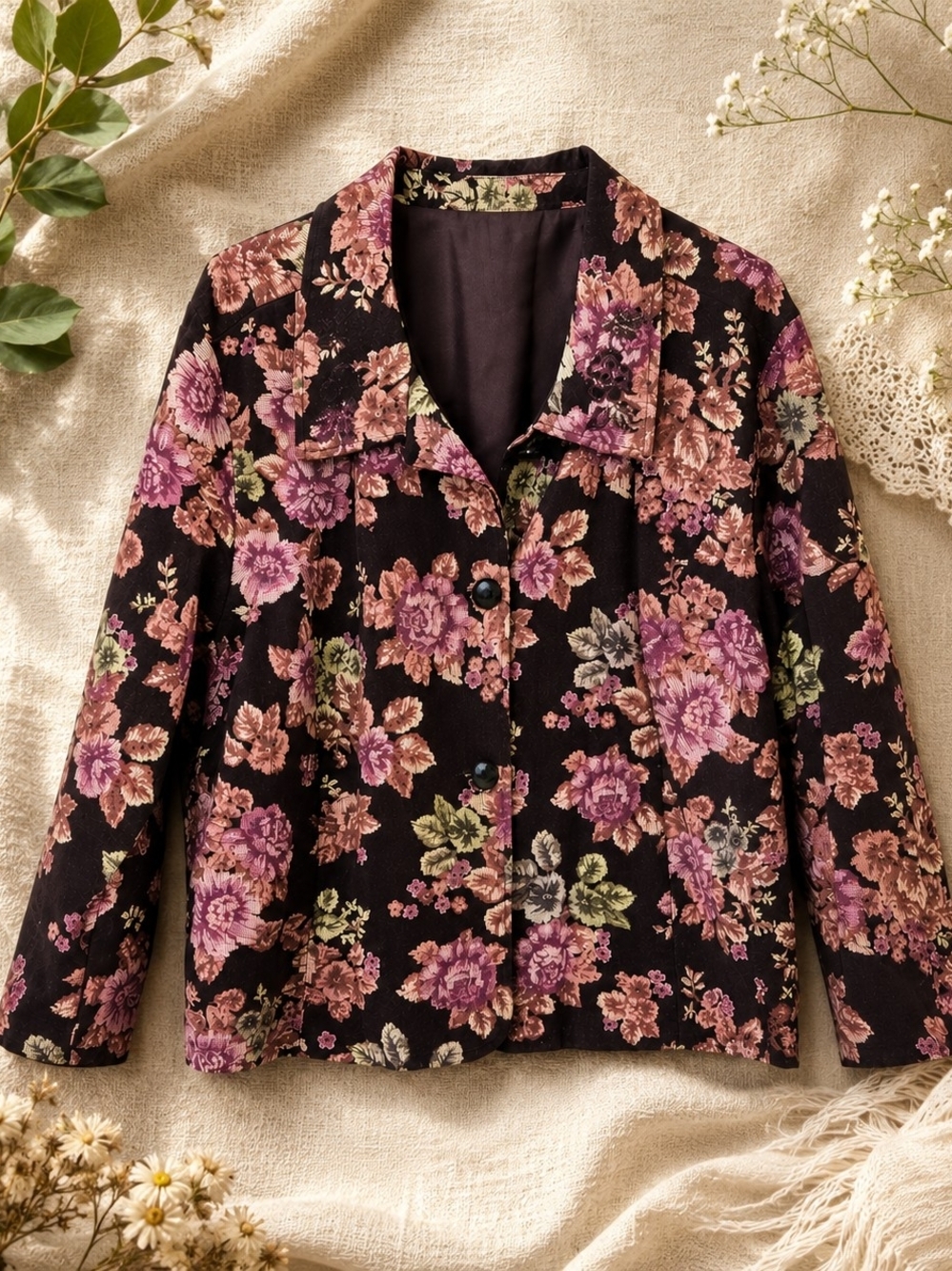 Norton McNaughton Women's Floral Jacket Size 18 Brown Pink Cotton Stretch Lined